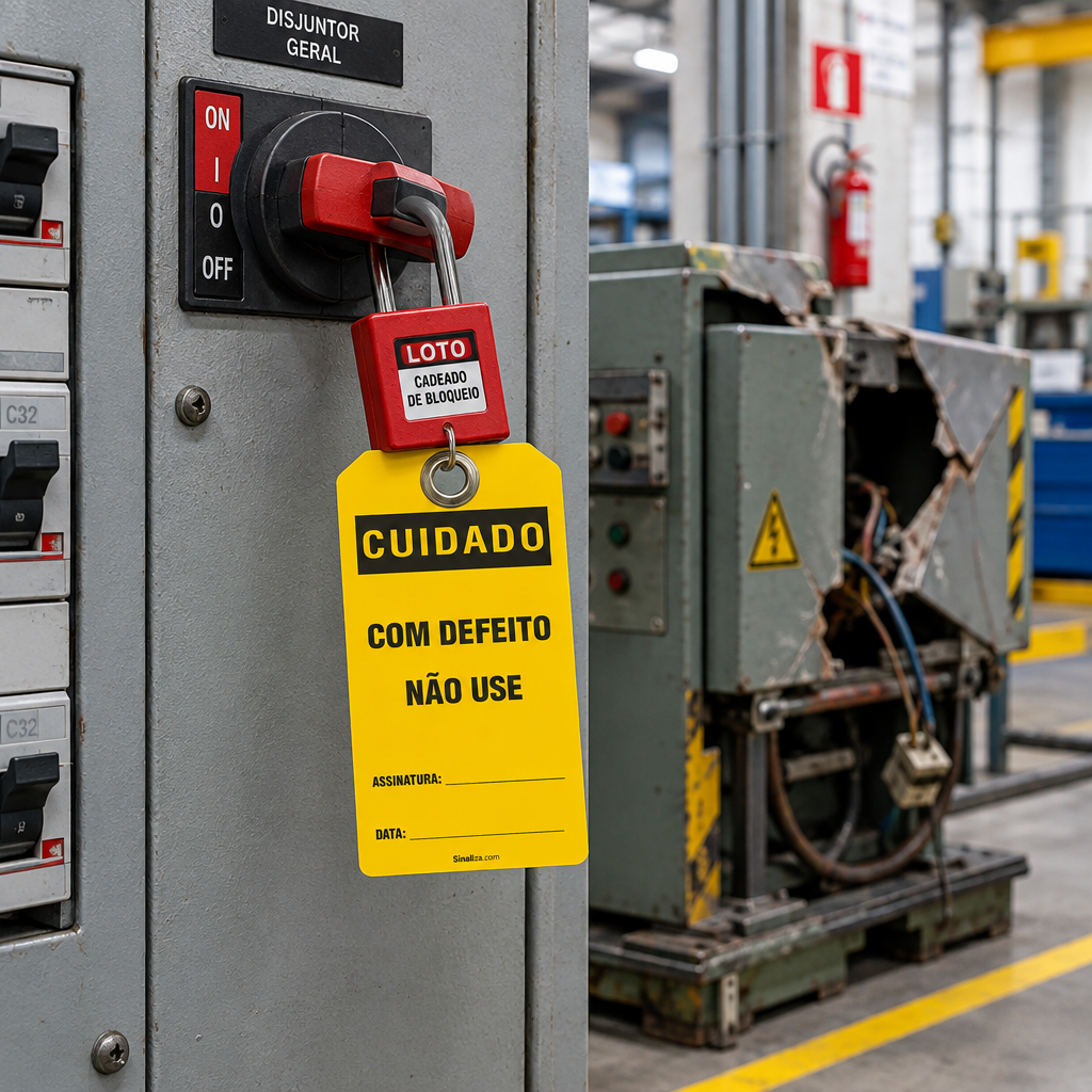 Etiqueta de Bloqueio LOTO "Cuidado: Com Defeito, Não Use"