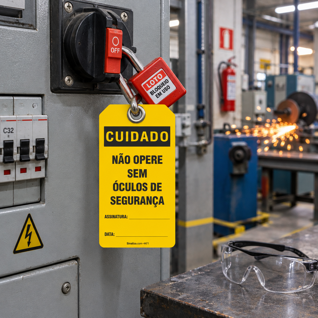 Etiqueta de Bloqueio LOTO "Cuidado: Não Opere Sem Óculos de Segurança"