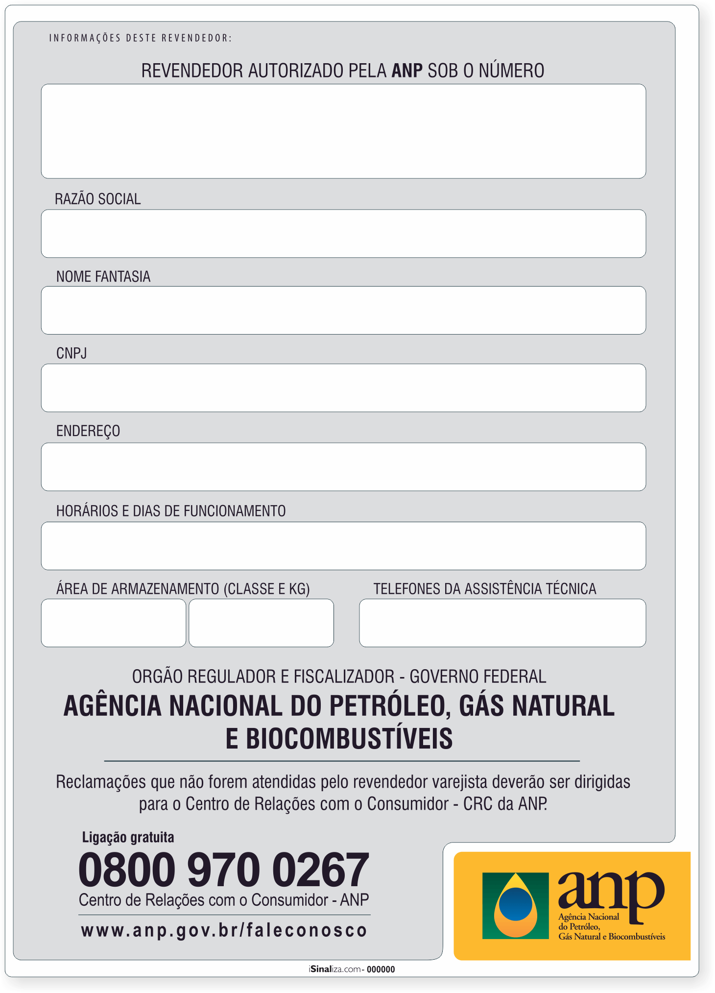 Placa ANP Quadro de Avisos – Revendedor Autorizado ANP 50x70 cm (PVC 2 mm)