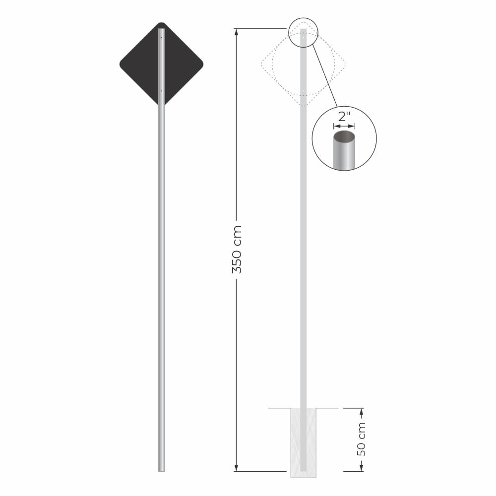 Poste para Placa de Sinalização - Aço Galvanizado com Parafusos - 2" x 3,5 Metros