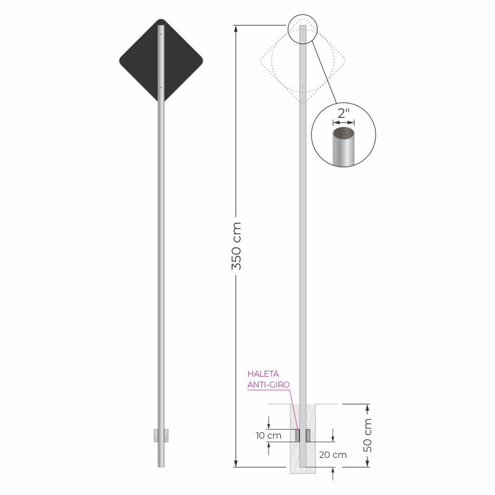 Poste para Placa de Sinalização - Aleta Anti-Giro e Parafusos - 2" x 3,5 Metros