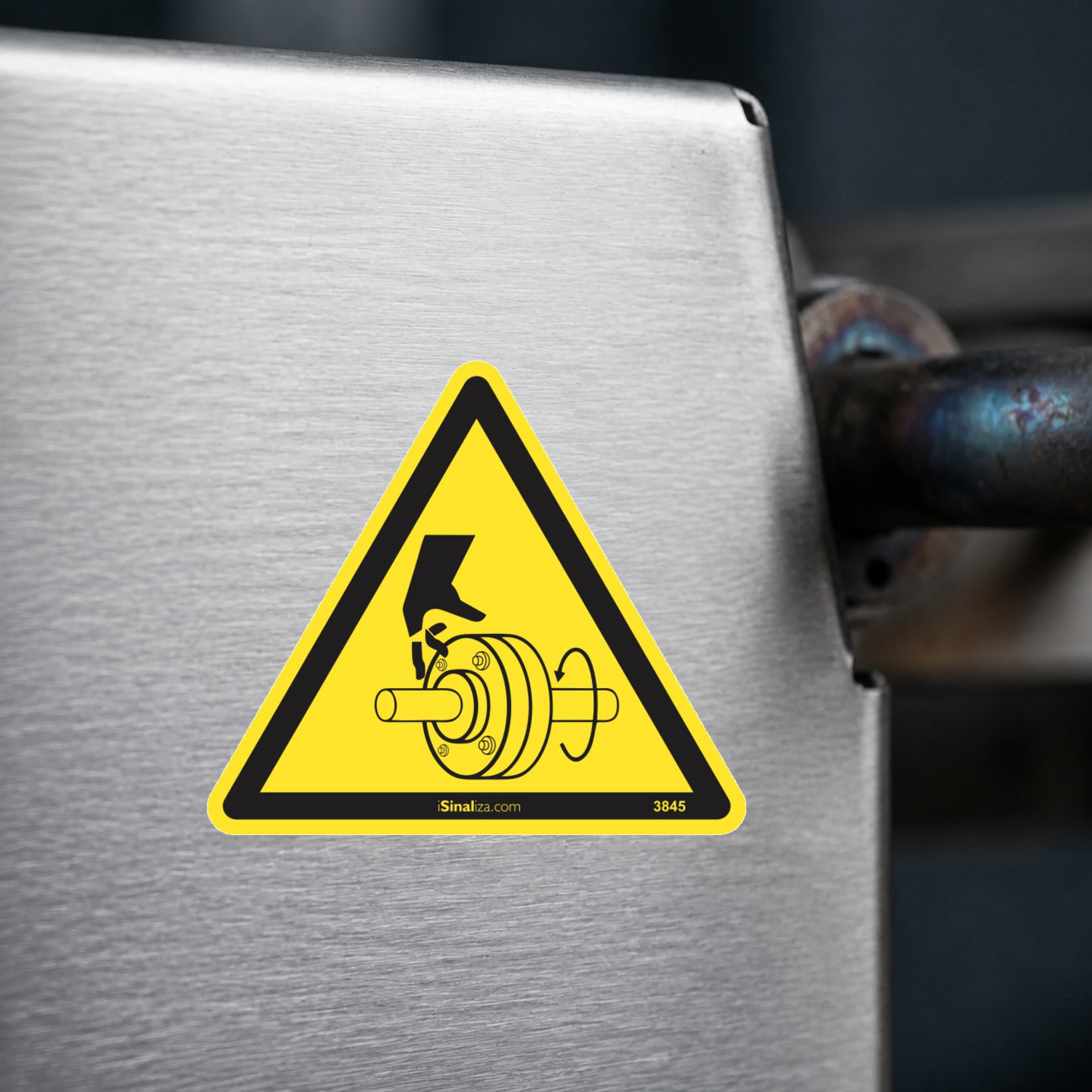Close-up de etiqueta aplicada em máquina ou equipamento industrial (até 8 × 8 cm) - Etiqueta de Segurança "Eixo Rotativo" - (Embalagem com 10 unidades)