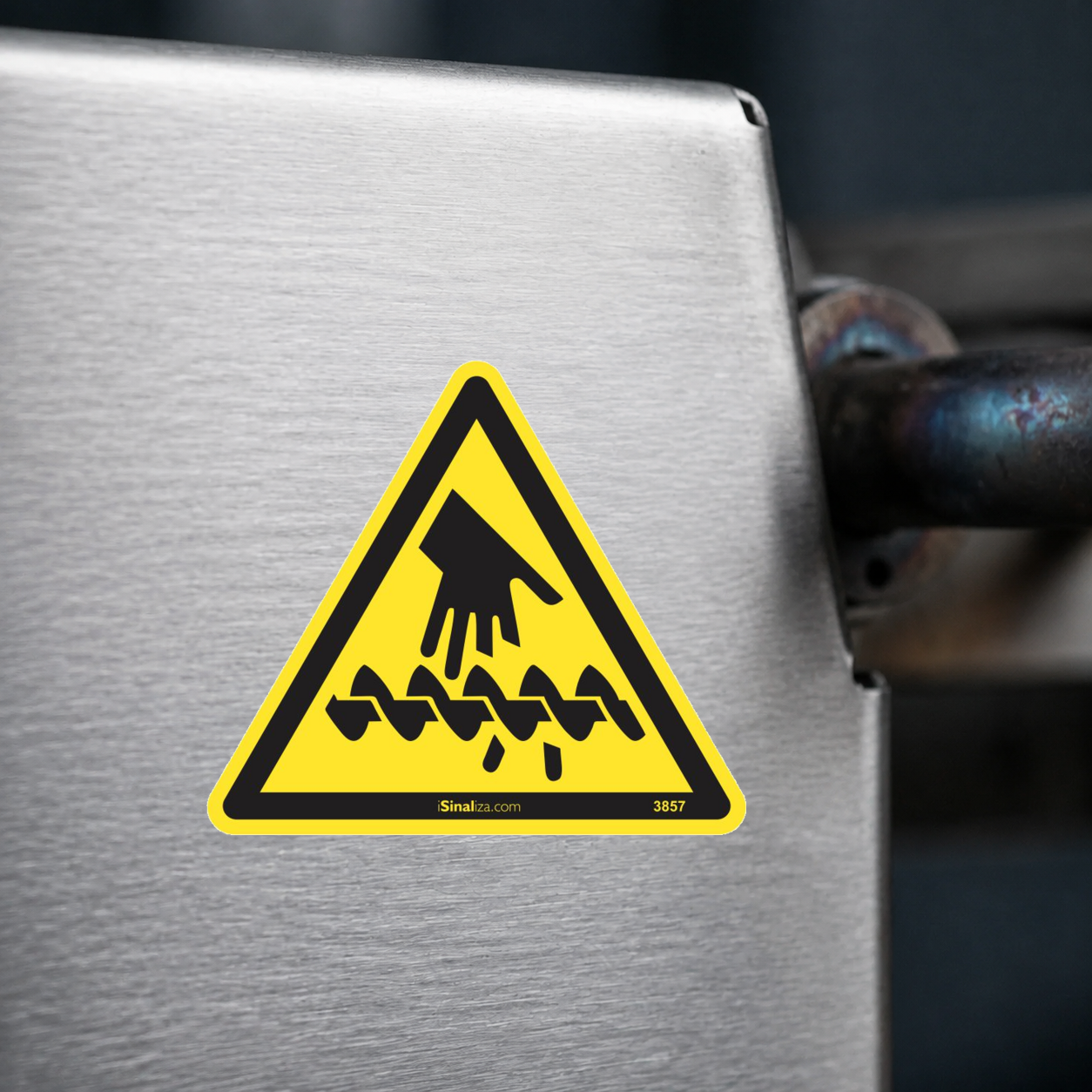 Close-up de etiqueta aplicada em máquina ou equipamento industrial (até 8 × 8 cm) - Etiqueta de Segurança "Risco de Corte por Broca" - (Embalagem com 10 unidades)