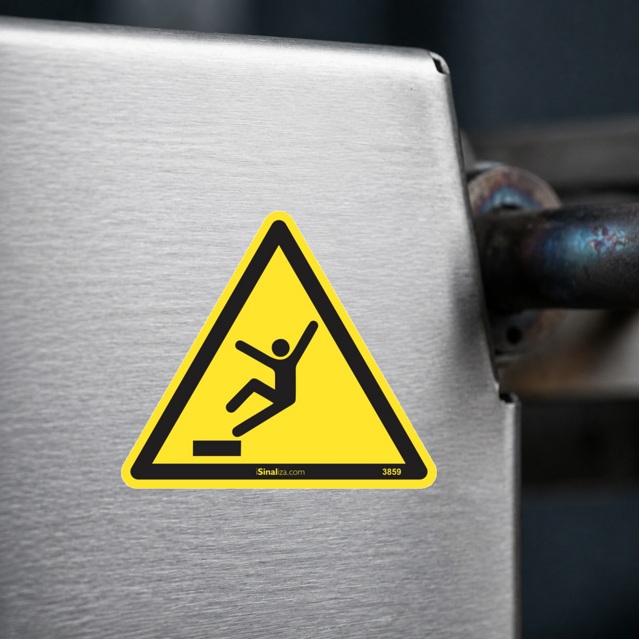 Close-up de etiqueta aplicada em máquina ou equipamento industrial (até 8 × 8 cm) - Etiqueta de Segurança "Risco de Queda" - (Embalagem com 10 unidades)