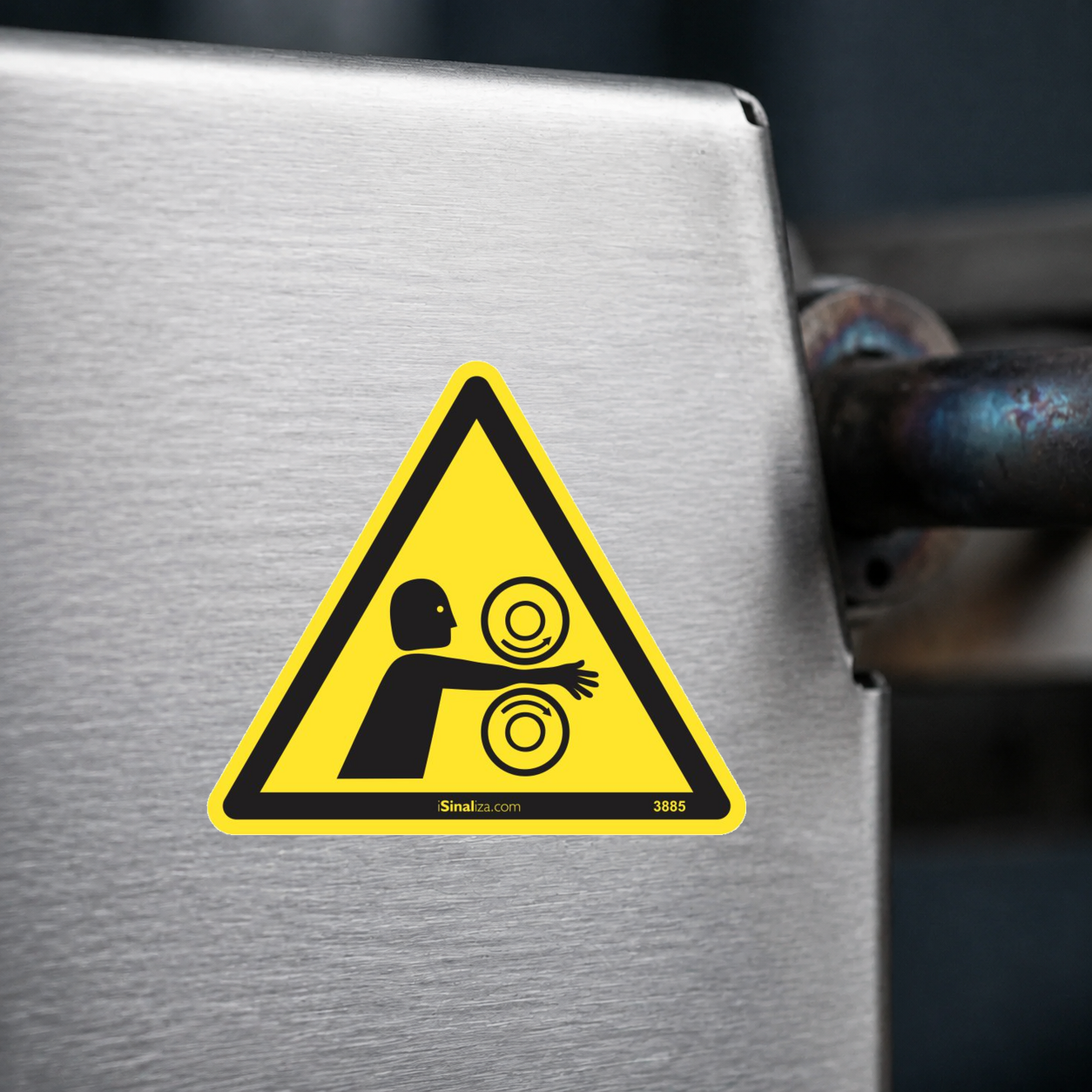 Close-up de etiqueta aplicada em máquina ou equipamento industrial (até 8 × 8 cm) - Etiqueta de Segurança "Ponto de Esmagamento" - (Embalagem com 10 unidades)