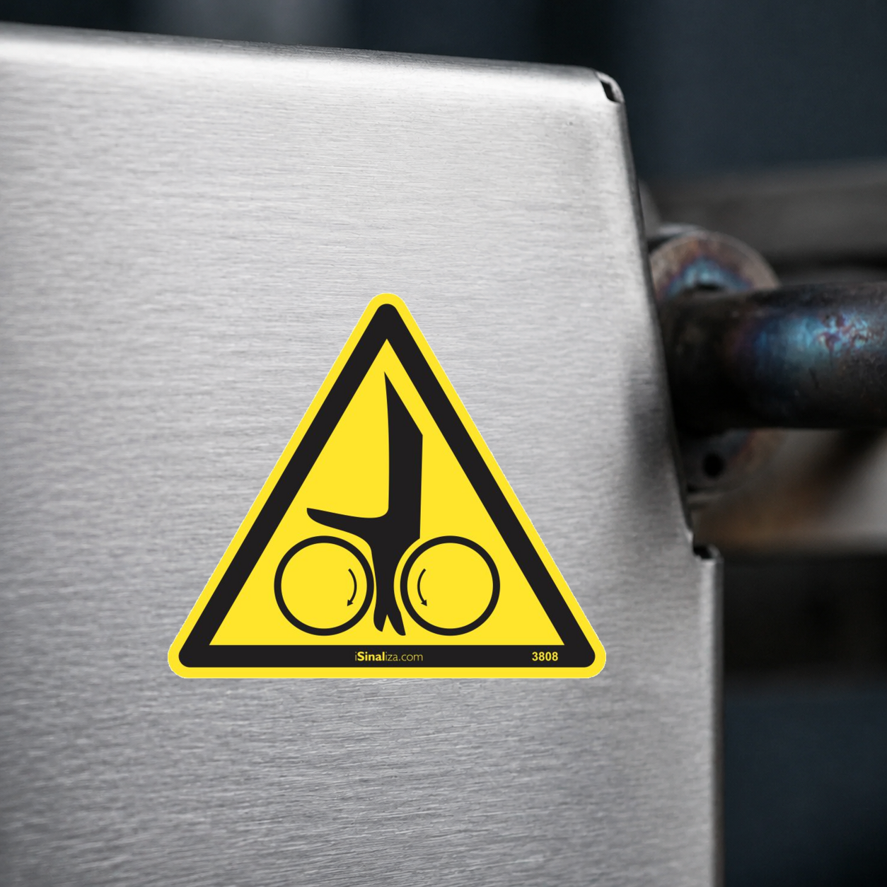 Close-up de etiqueta aplicada em máquina ou equipamento industrial (até 8 × 8 cm) - Etiqueta de Segurança "Risco de Esmagamento de Mão" - (Embalagem com 10 unidades)