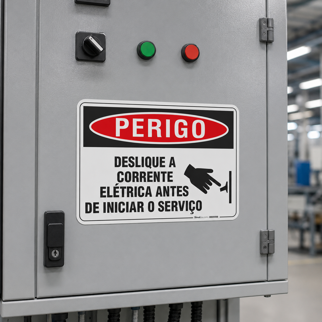 Placa Perigo Desligue a Corrente Elétrica instalada em painel elétrico industrial