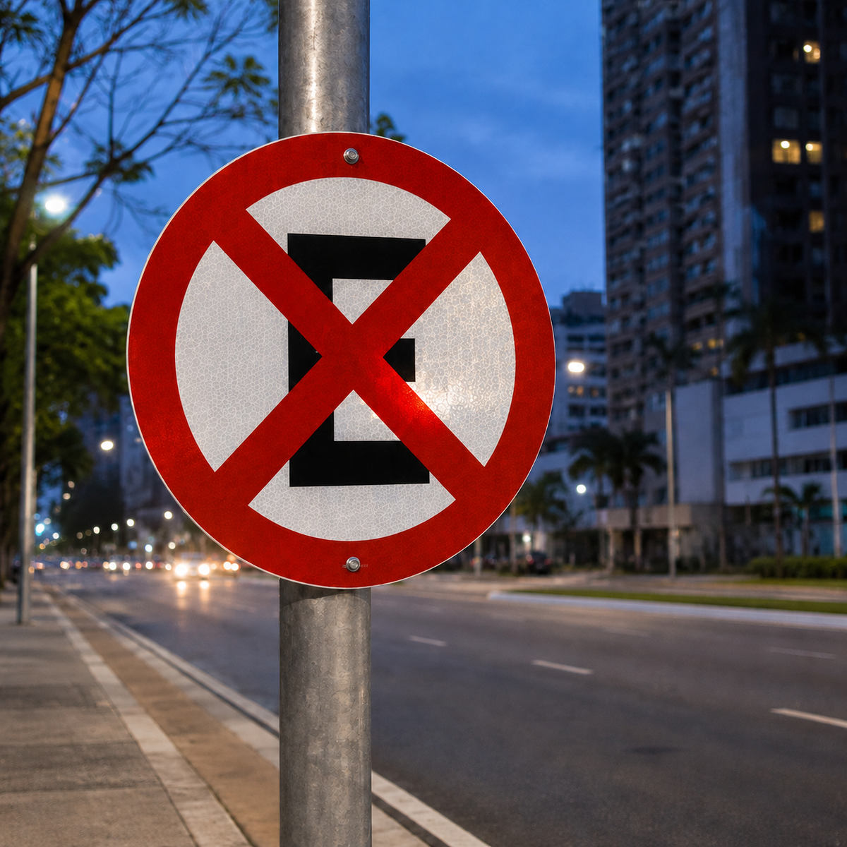 Placa Proibido Parar e Estacionar R-6c em ACM 3 mm refletivo instalada em via urbana